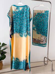 1pc Faux Silk Printed Robe, Shawl & Small Scarf Set, Women Coverup For Beach, Sun Protection, Daily Wear