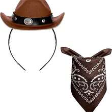 2pcs Cowboy Hat Headband Cowgirl Mini Hat Headbands With Bandana For Women Halloween Birthday Party Favor