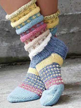 Striped Socks, Indoor Socks, Mid,Calf Socks, Casual Outdoor Socks For Autumn/Winter, Cozy Socks