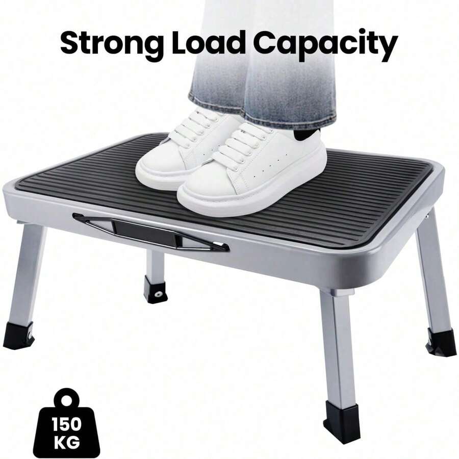 Folding Step, Folding Step Stool, Anti Slip Fold Up Stool Caravan Steps Can Support Up To 150 Kg, Portable Foldable Stool For Kitchen, Bathroom, Rv, Camping, Office, Living Room - Grey - View 1