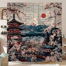 Polyester Japanese Retro Shower Curtain Mountain Architecture Cherry Blossom Flower Red Sun Blue Pink Red Shower Curtains, 36x72inch, 48x72inch, 60x72inch, 66x72inch, Machine Washable Washable With 12 Hooks Shower Curtain For Bathroom Or Bathtub Decoration Bathroom Decor - A - View 1