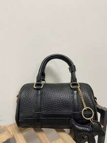 波士顿黑色枕头手提包，配小马吊饰，小众设计斜挎单肩包，软皮休闲通勤包，适合日常外出购物，复古风 - 黑色 - 查看 2