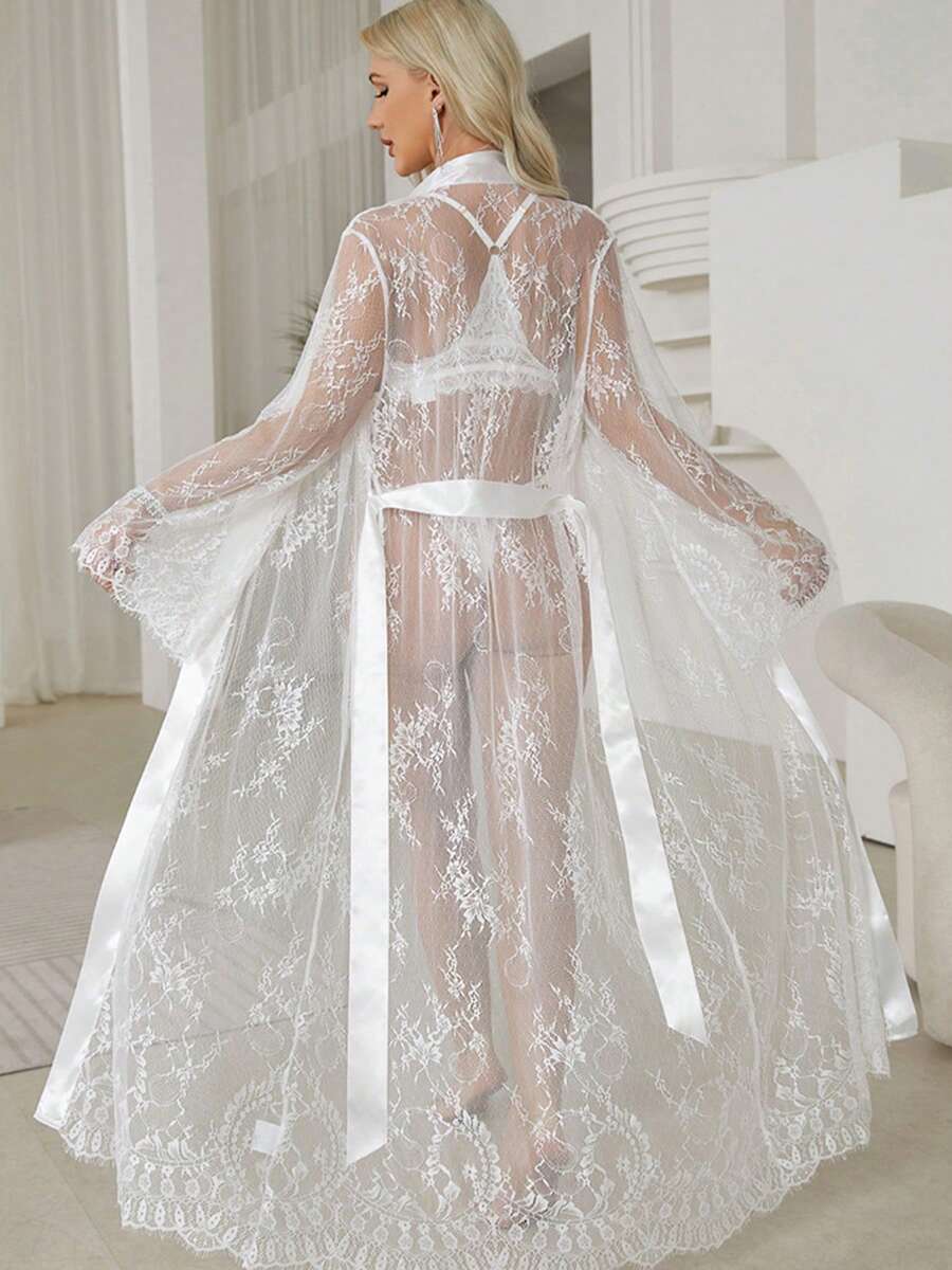 Sexy Lace Robe - Sheer See-Through Kimono With Flared Sleeves & Eyelash Lace Trim | Belted Lingerie Cover-Up Dress For Boudoir, Valentine's Day, Honeymoon Wedding Morning Robe (Lightweight Breathable Polyester, Hand Wash Only) - trắng - Xem 1