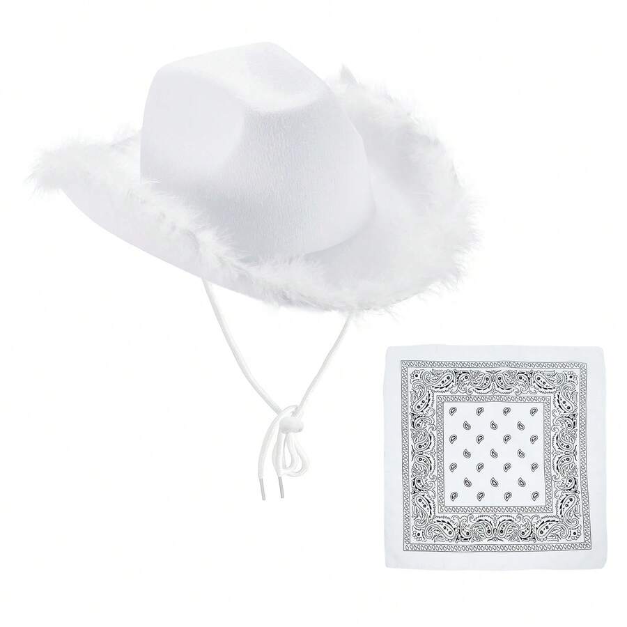Adjustable Chin Strap Cowboy Hats Cowgirl Hat With Scarf For Women Girls Cowboy Costume Theme Party - 白色毛邊和方巾 - 查看 1