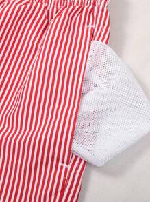 Men's Vertical Striped Drawstring Waist Swim Trunks - Red - View 5