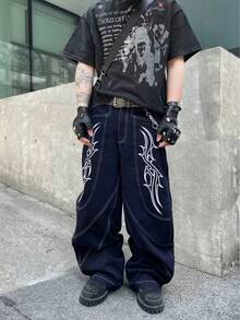 1pc Men's Vintage Washed Denim Jeans With Embroidered Thorn Design, Loose Fit Wide Leg Pants (Belt And Accessories Not Included) - Medium Wash - View 2
