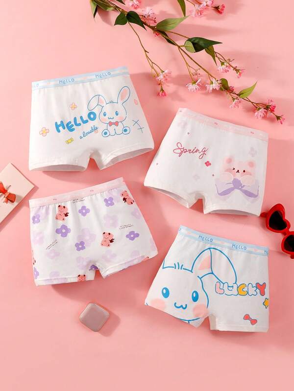 Juego de 4 piezas de ropa interior de niña de 4 a 12 años con diseños de dibujos animados, transpirable y cómoda