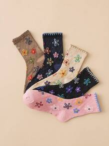 5 双花卉图案百搭休闲可爱女士中筒袜，秋季袜子