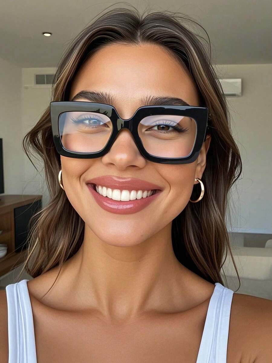 1 副男女通用厚框方形个性化时尚无度数眼镜，适合户外阅读、办公和度假佩戴 - 駭平 - 查看 1