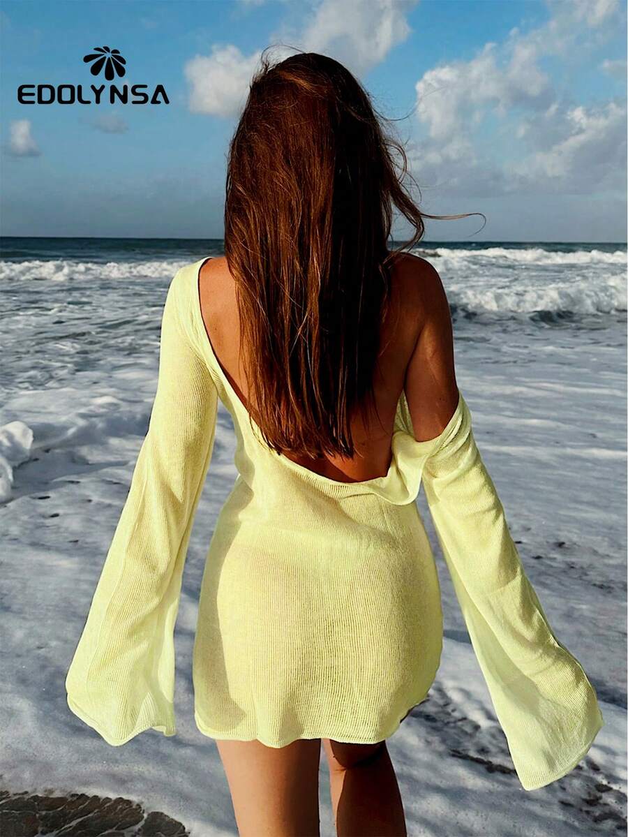 性感露背喇叭袖夏季海边女士纯色针织沙滩迷你裙2025透视短裙泳装罩衫 - 黃色 - 查看 1