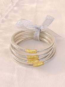 5pcs Cute And Sweet Colorful Glitter Jelly Bangle With Bow Tie, Bracelets Stack Perfect For Party And Daily Use