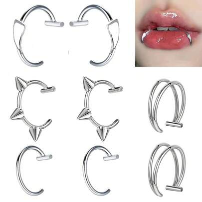 8 piezas de anillos falsos de acero inoxidable para labios, dientes de vampiro, abrazaderas para labios sin perforación, abrazaderas para orejas, aretes, perforaciones falsas para labios y nariz, joyería para mujeres y hombres