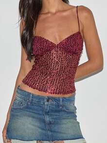 Women Y2k Sequin Glitter Camisole Spaghetti Strap Sparkly Slim Fit Tops Going Out Party Clubwear Tops - 酒紅色 - 查看 2