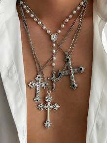 4er Set Halskette mit Kreuz-Anhänger in Strass, Punk Splice Pullover Kette, stilvoller Straßen-Schmuck für Damen und Herren, Frühling/Sommer 2025 Accessoire Geschenk