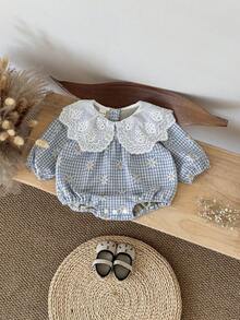 Baby Girl Cute Ditsy Floral Ruffle Collar Bodysuit, Spring/Autumn - Blue - View 3