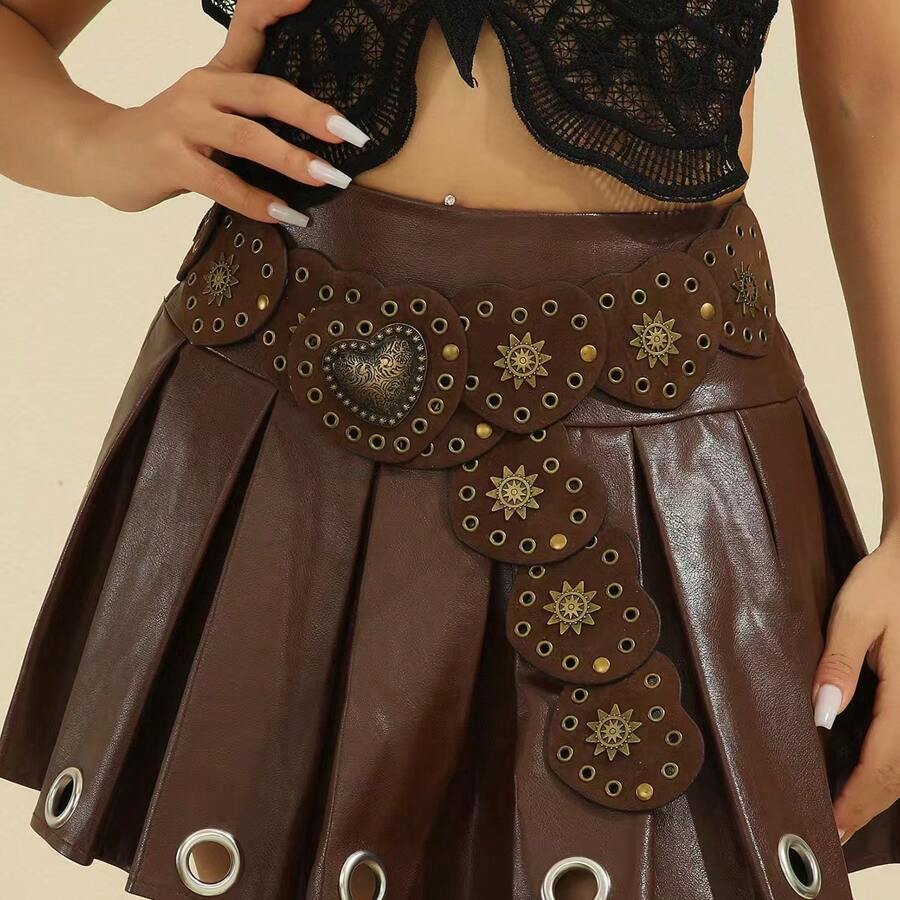 Girl's Heart Rivet Decor Western Retro Vintage Belt Accessory, Shiny Bohemian PU Waist Belt, Suitable For All Seasons Fall, Autumn, Halloween