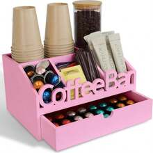 ADDFIT HOUSE Coffee Bar Organizer For Countertop - Wood Coffee Pods Holder Storage Basket, Essential Coffee Bar Accessories For Home And Office, Mini Coffee Bar, Coffee Condiment Storage Organizer - Pink - View 1