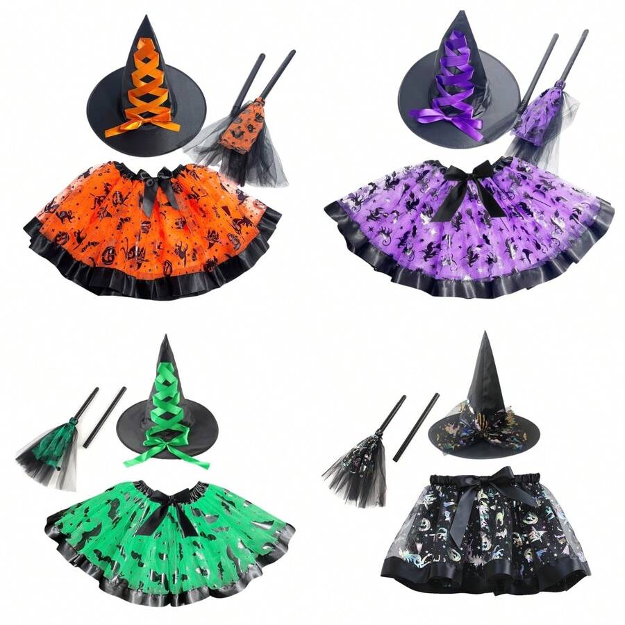 3pcs Halloween Witch Hat, Magic Broom, Bat Skirt Party Costume Set, Orange Pumpkin, Witch, Bat, Skull Print Skirt, Skirt Length 30cm, Suitable For Halloween, Carnival, Day Of The Dead, Evening Party Accessories