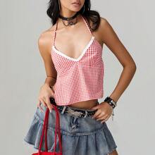 Women's Plaid Halter Camisole Open Back Lacing Terry Trim Sleeveless Sweetheart Neck Slim Fit Crop Tank Tops - 紅色 - 查看 5