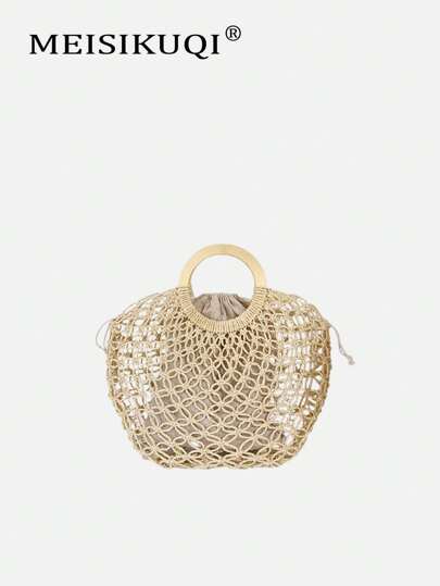 2025 Neue handgefertigte gewobene Cut Out Strohtragetasche mit rundem Griff, geeignet für Urlaub, Alltagstragen und Pendeln