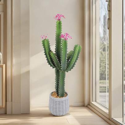 Cactus artificial de 92 cm con flores, con macetero, ideal para interior y exterior, hogar, oficina, tienda y jardín.