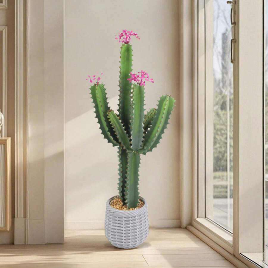 Artificial Cactus, 92 Cm Large Artificial Flowering Cacti, Artificial Cactus Plant With Planter, Artificial Large Cactus Plants For Indoor And Outdoor, Home, Office, Shop, Garden