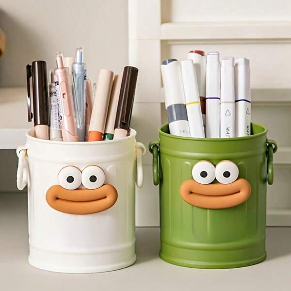 1pc Cute Cartoon Face Large Capacity Pen Holder - Durable PP Plastic Office Desk Organizer Box, Suitable For Pens, Markers And Office Supplies, Portable Design For Students And Office Use, White And Green With Playful Happy Face, Office Supplies & Accessories