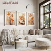2 PIEZAS/3 PIEZAS Impresiones de decoración de otoño, arte imprimible de hojas de otoño de estilo granja, impresión digital de calabaza de otoño pintura acuarela, arte de pared de otoño