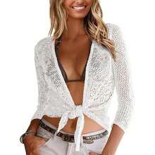 Womens Sheer Shrug Sweaters 3/4 Sleeve Open Front Tie Cardigan Bolero Jacket Lightweight Crochet Knit Cover Up Tops - 純白 - 查看 1