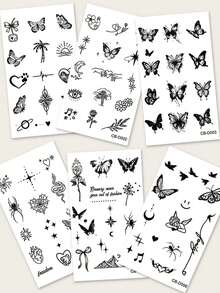 6片装半永久性手指纹身贴纸，简约优雅的蝴蝶、星星月亮、爱心、花朵等多种元素图案，适合作为嘉年华、情人节派对礼物。可用于DIY，贴在手指、耳后、肩膀、脖子、锁骨等部位。采用天然植物成分制成，可维持1-2周不褪色、不反光、防水且逼真。 - 藍色 - 查看 7