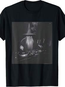 Humorous DJ Wizard EDM Techno House Music T-Shirt, Casual Round Neck Short Sleeve T-Shirt, Breathable Cotton Fabric, Slight Elasticity, Summer Fashion Top, Regular Style, Summer Fashion Short Sleeve, Suitable For Outdoor Camping - 黑色 - 查看 1