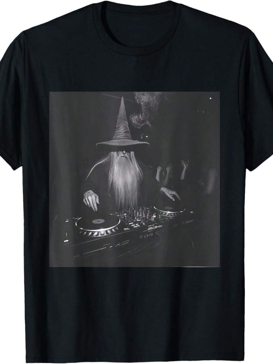 Humorous DJ Wizard EDM Techno House Music T-Shirt, Casual Round Neck Short Sleeve T-Shirt, Breathable Cotton Fabric, Slight Elasticity, Summer Fashion Top, Regular Style, Summer Fashion Short Sleeve, Suitable For Outdoor Camping - 黑色 - 查看 1