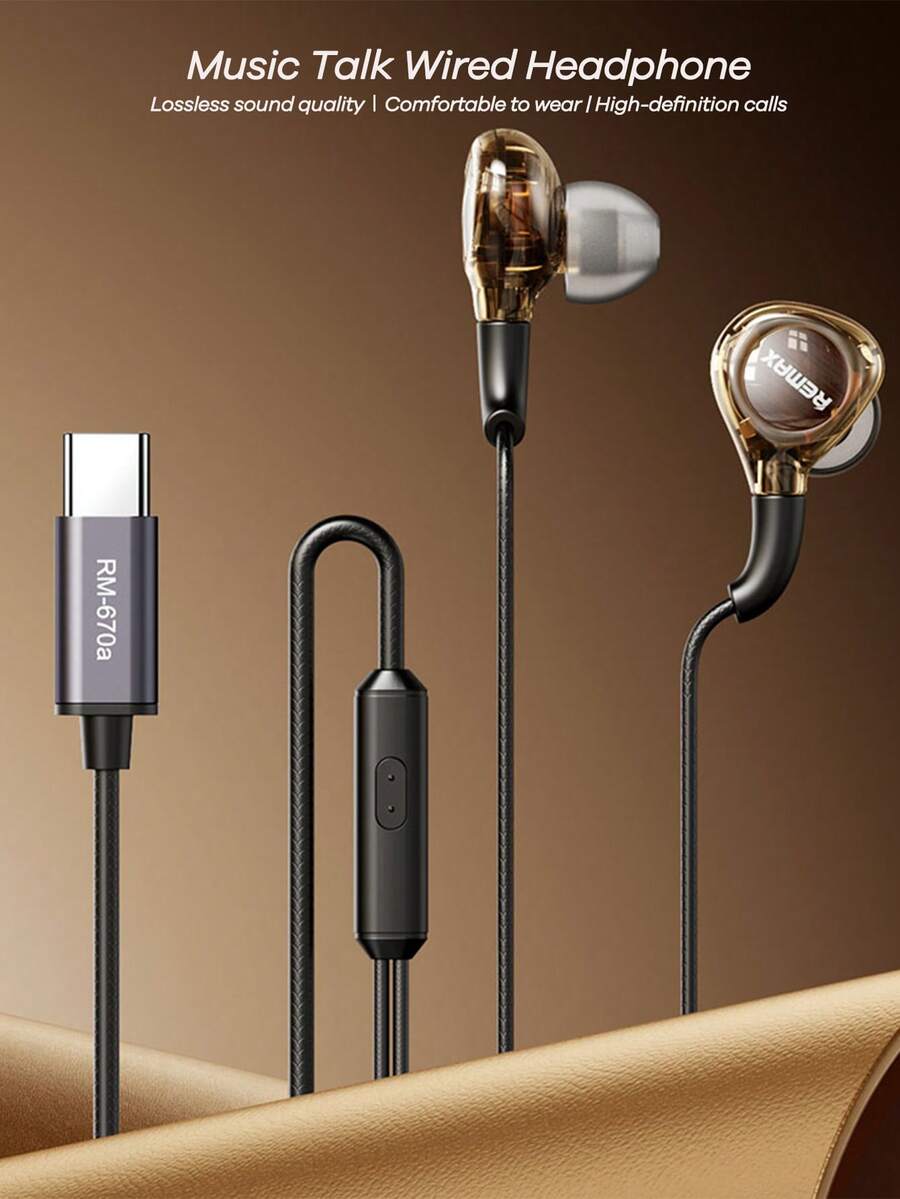 Remax 1.2M Type-C Wired In-Ear Headphones,HiFi Dynamic Mic, Transparent Shell, TPE Materials,Soundproof Ear Caps, Noise Reduction And Bass Boost,Black/White - 彩色 - 查看 1