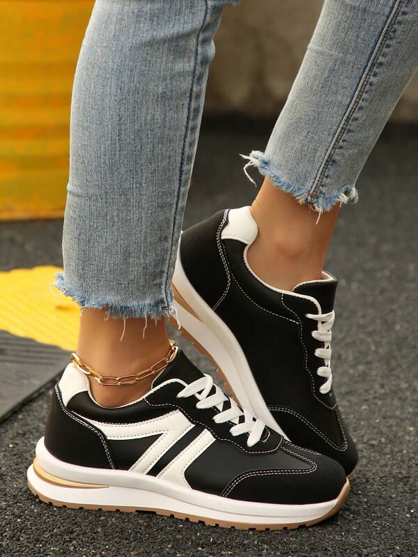 Women's Modern Fashion Sneakers, Color Block Patchwork Geometric Pattern Design Sporty Casual Shoes, Athletic Fitness Vacation Girlfriend Couple Versatile Chunky Sneakers, Non-Slip Shock Absorbing Shoes, Popular Running Sneakers