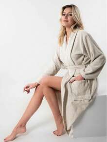 Diamond Pattern Shawl Collar Cotton Bathrobe - S/M - L/XL - Made In Turkey - Beige - View 2