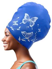 长发泳帽，男女通用，超大泳帽 - 优雅蝴蝶图案，防水硅胶泳帽，高弹力泳帽，适合编织发、脏辫、非洲风格编织假发