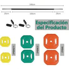 Juego de pesas con barra larga y discos, juego para desarrollo muscular con 8 discos de colores, 1 barra de acero, 2 seguros de seguridad