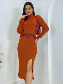 Women's Mousse Midi Set With High Neck And Side Slit - 銅色 - 查看 1