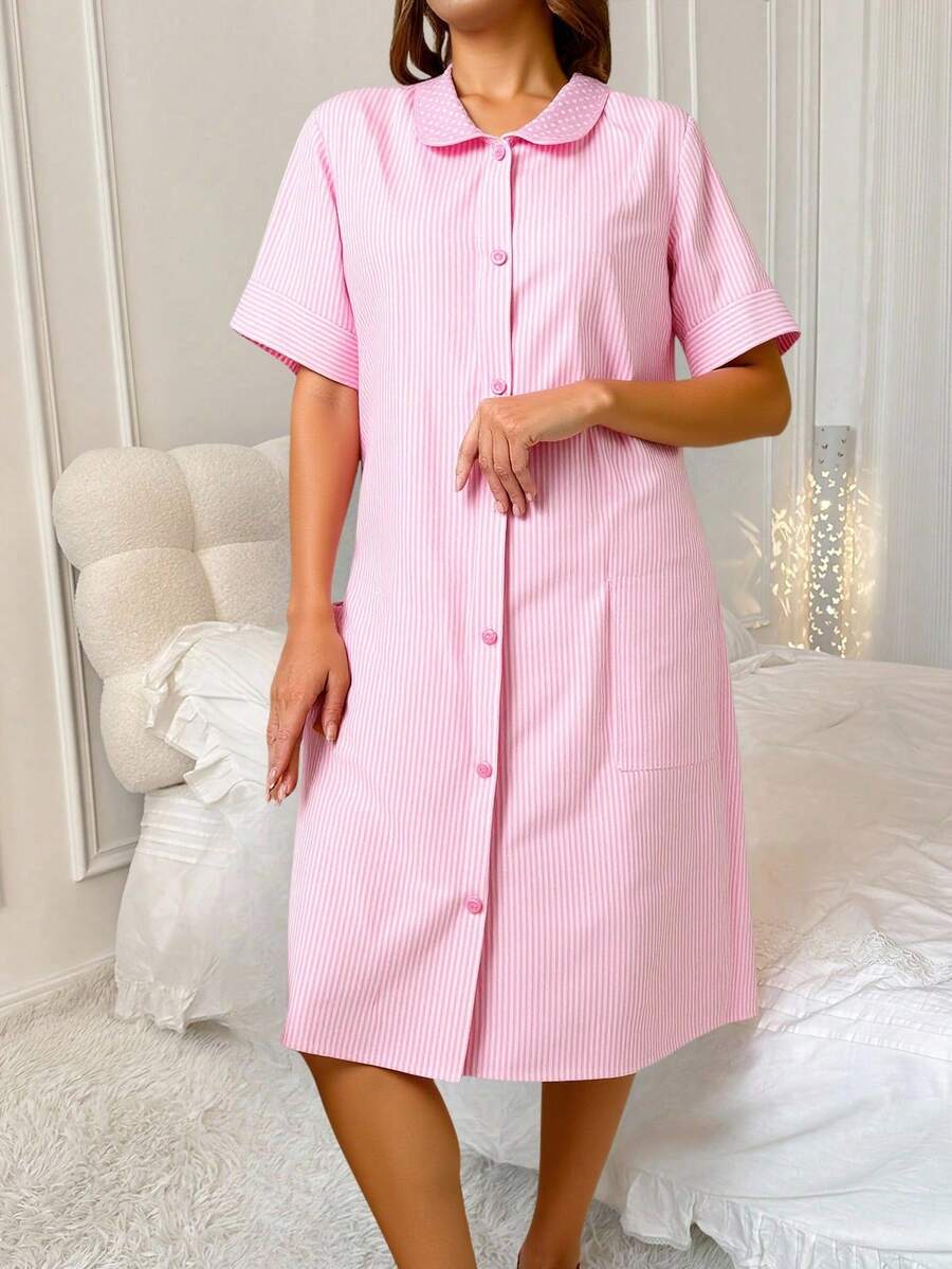 Bata Camisón de dormir a rayas con cuello redondo estampado y bolsillos - vestido de dormir vestido de pijama bata de dormir vestido de dormir camisón con botones - Rosa - Ver 1