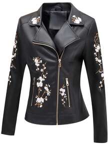 Giolshon 大码女式 PU 皮夹克，黑色机车风秋冬皮衣，赠送刺绣和腰带 - 黑色 - 查看 5