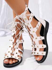 Sandálias Anabela com Decoração de Strass para Mulheres, Sapatos Abertos e Vazados com Zíper Traseiro na Moda, Sandálias de Verão Confortáveis para Uso Externo - Branco - Visão 15