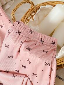 两件套女童睡衣套装，包括蝴蝶结印花荷叶边长袖上衣和休闲长裤，秋季款 - 藕粉色 - 查看 6