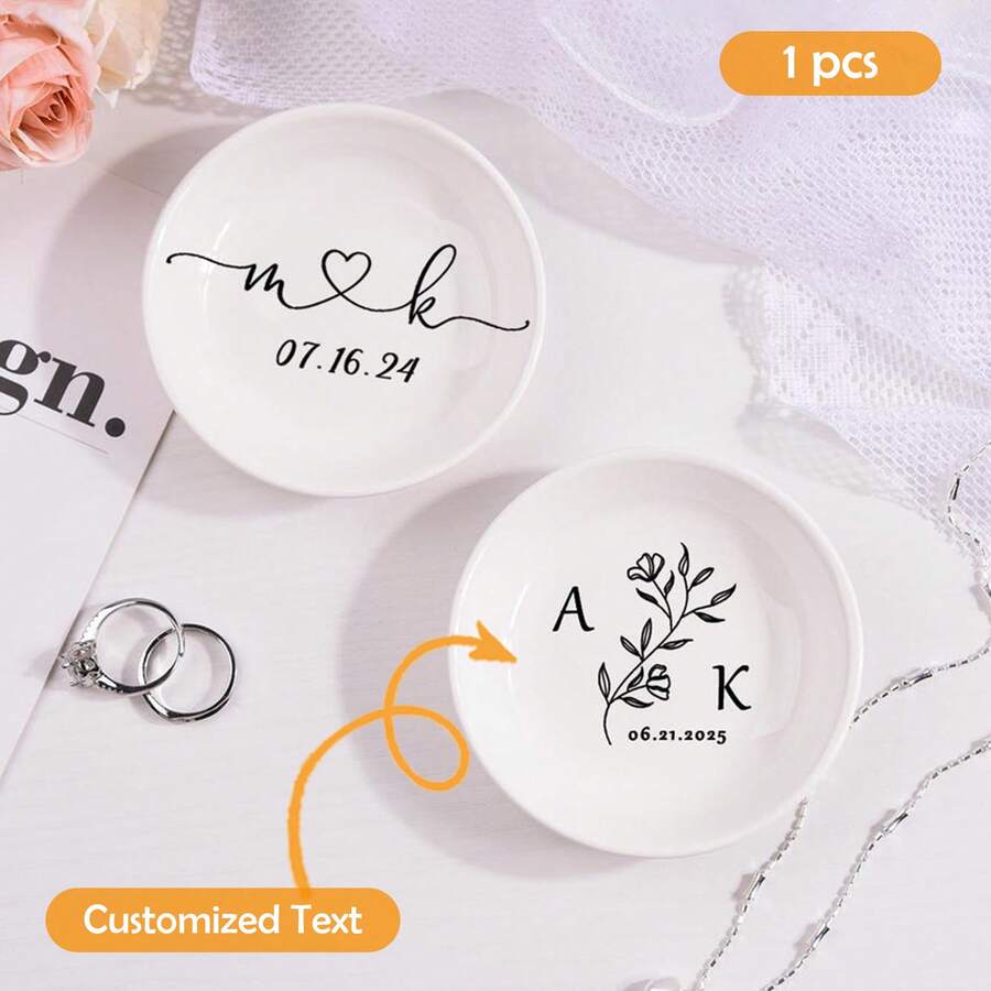 1 khay đựng trang sức bằng gốm hình tròn, khay đựng trang sức có thể tùy chỉnh, thích hợp làm quà cưới, quà đính hôn, quà cầu hôn, quà sinh nhật, quà kỷ niệm, quà cưới, quà đính hôn, giá đựng nhẫn cá nhân hóa, quà tặng cặp đôi, quà tặng cô dâu, khay đựng nhẫn.