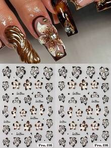 2 件渐变棕色仙女兰花法式指甲贴纸浮雕黑色豹纹雕刻花卉指甲贴花冬季指甲艺术装饰 DIY 美甲用品 - 彩色 - 查看 3