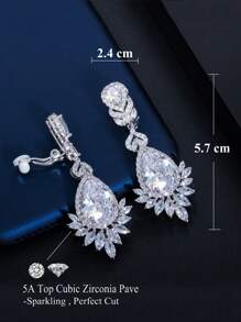 1 对镀银方晶锆石叶形长垂式夹式耳环，无需穿孔，方晶锆石水晶首饰，适合婚礼、订婚、新娘、宴会、选美、派对、舞会