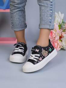 1 par de zapatillas de moda para niñas, zapatos casuales con decoración de personajes de dibujos animados y mariposas, con cordones lindos, adecuados para niñas pequeñas y niñas de uso en exteriores, para todas las estaciones