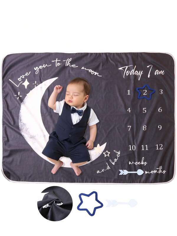 1pc Baby Monthly Milestone Blanket, Moon Print Newborn Photography Background Blanket, Newborn Photo Prop