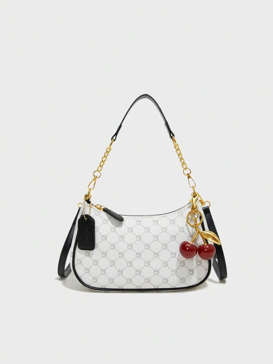 新款时尚经典黑色多功能防水PU材质，字母图案装饰设计，撞色拼接纯色新月形单肩包，链条单肩/腋下包，配有长可调节肩带，樱桃吊坠装饰，女士商务通勤单肩包，轻便，适合购物和聚会，便携。 - 彩色 - 查看 1