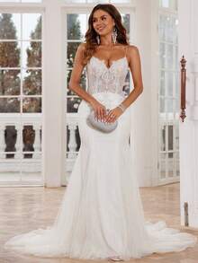 Beige Tulle Lace Applique Fishtial Slip Dress Long Wedding Dress - Beige - View 1