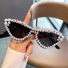 1Pc Women New Full Frame Cat Eye Shaped Fashion Glasses Stylish White Glasses With Faux Pearls Fashion 'Birthday Queen' Letter Frame Multicolor Chic Suitable Birthday Parties And Shows For Summer Beach Vacation,Outdoor,Travel Preppy Style For Back To School